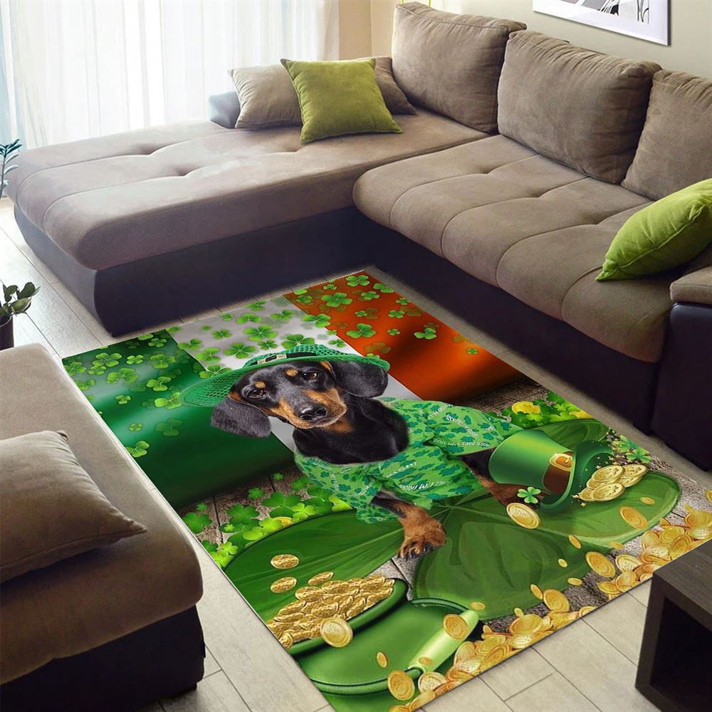 St Patricks Day Rug, Dachshund With Gold And Clovers Around St Patrick’s Day Rug