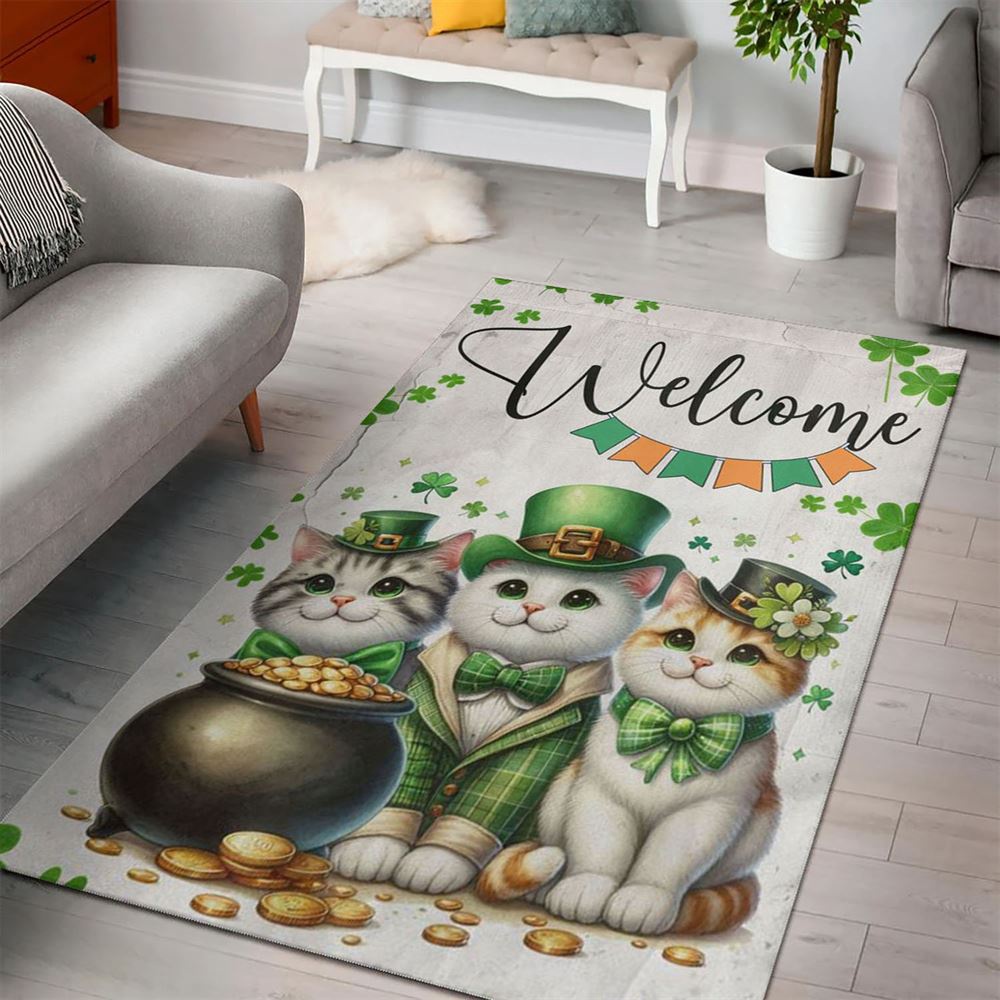St Patricks Day Rug, St Patrick’s Day Cat Rugs, Welcome Cat Clovers St Patricks Day Rug, St Patrick’s Day Cat Rugs, Welcome Cat Clovers