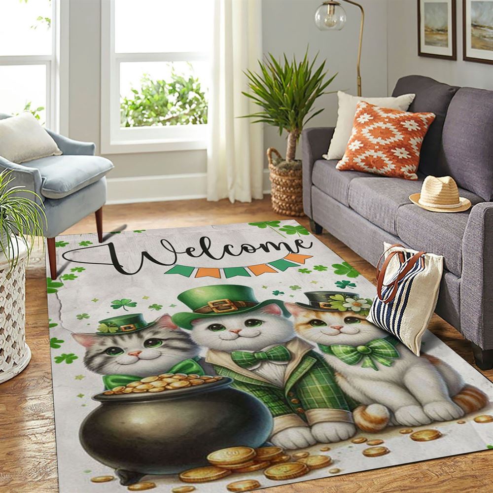 St Patricks Day Rug, St Patrick’s Day Cat Rugs, Welcome Cat Clovers St Patricks Day Rug, St Patrick’s Day Cat Rugs, Welcome Cat Clovers