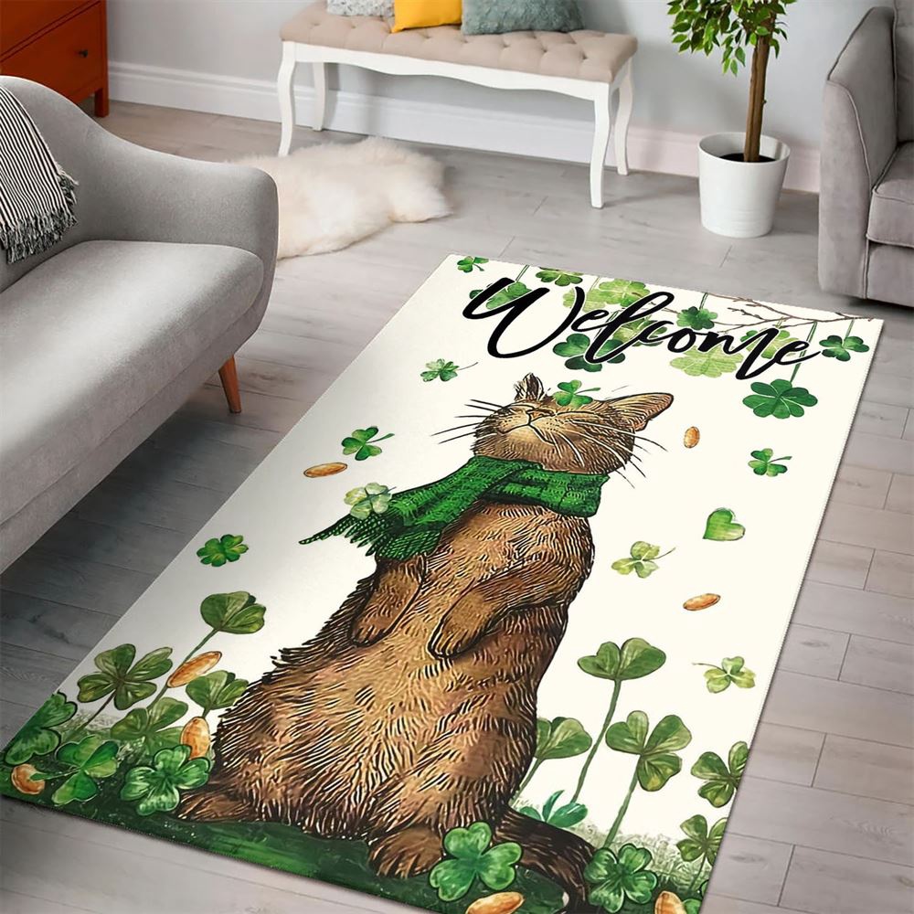 St Patricks Day Rug, St Patrick’s Day Welcome Cat And Shamrock Clover Rug