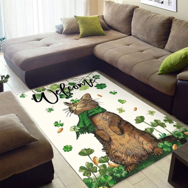 St Patricks Day Rug, St Patrick’s Day Welcome Cat And Shamrock Clover Rug