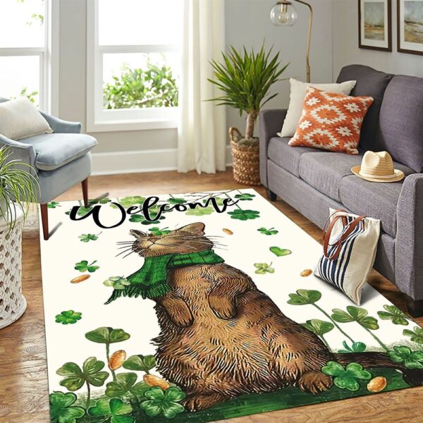 St Patricks Day Rug, St Patrick’s Day Welcome Cat And Shamrock Clover Rug