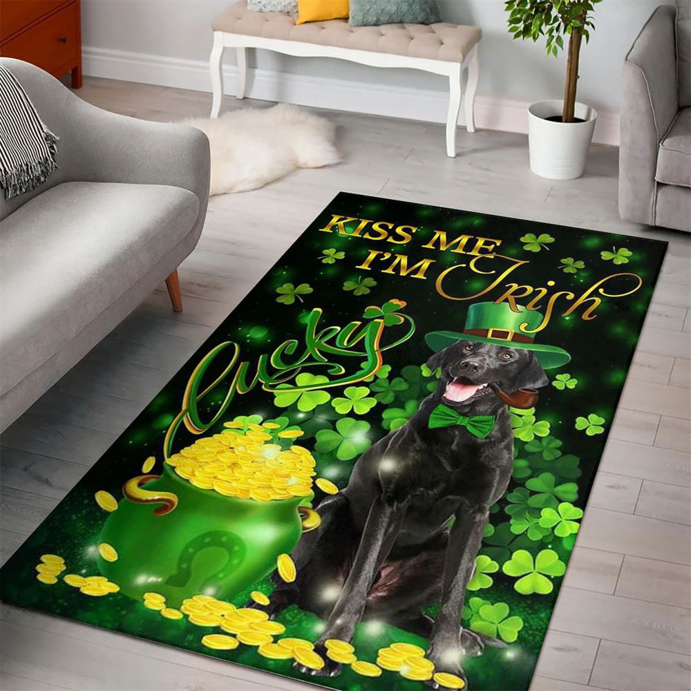 St Patricks Day Rug, St Patricks Day Black Labrador Kiss Me I’m Irish Rug