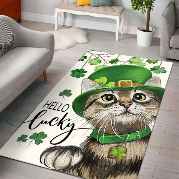 St Patricks Day Rug, St Patricks Day Hello Lucky Kitten Cat And Shamrock Clover Rug