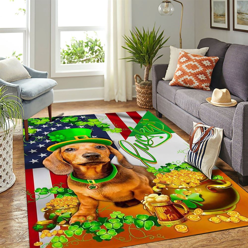 St Patricks Day Rug, St Patricks Day Yellow Dachshund Happy Rug