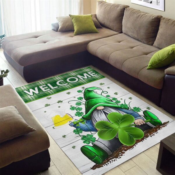 St Patricks Day Rug, Welcome Gnome Holds Clover Rugs