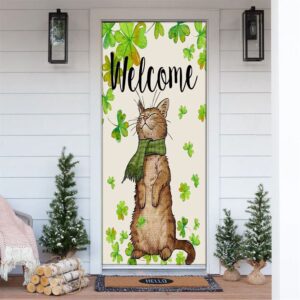St Patricks Day Welcome Cat And Shamrock…