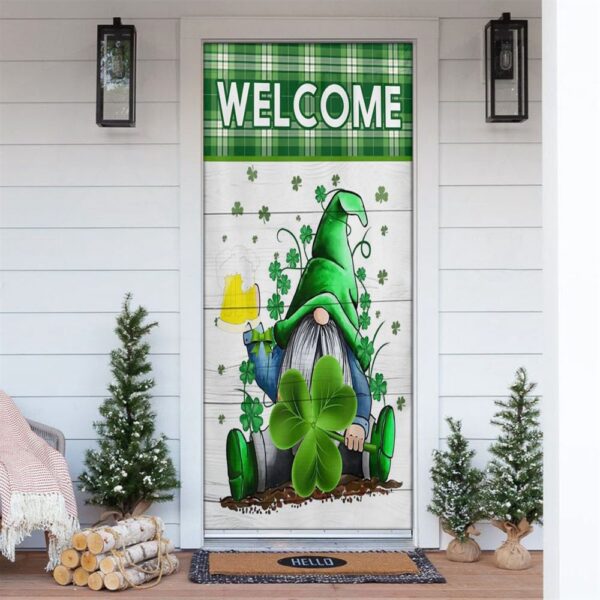 Welcome Gnome Holds Clover Door Cover, St Patrick’s Day Door Cover, St Patrick’s Day Door Decor