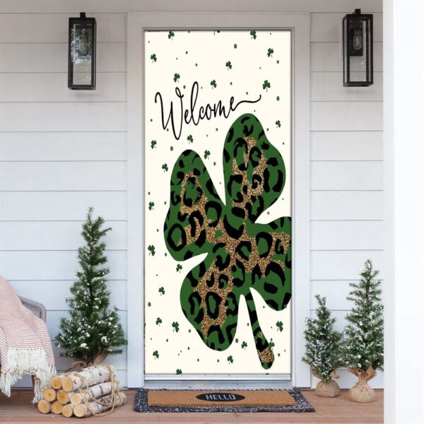 Welcome St Patrick’s Day Leopard Shamrock Clover Door Cover, St Patrick’s Day Door Cover, St Patrick’s Day Door Decor
