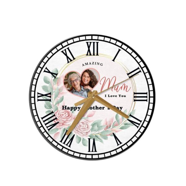 Amazing Mum Pink Floral Heart Photo Mother’s Day Gift Personalised Wooden Clock, Mother’s Day Clock, Custom Mothers Day Gifts
