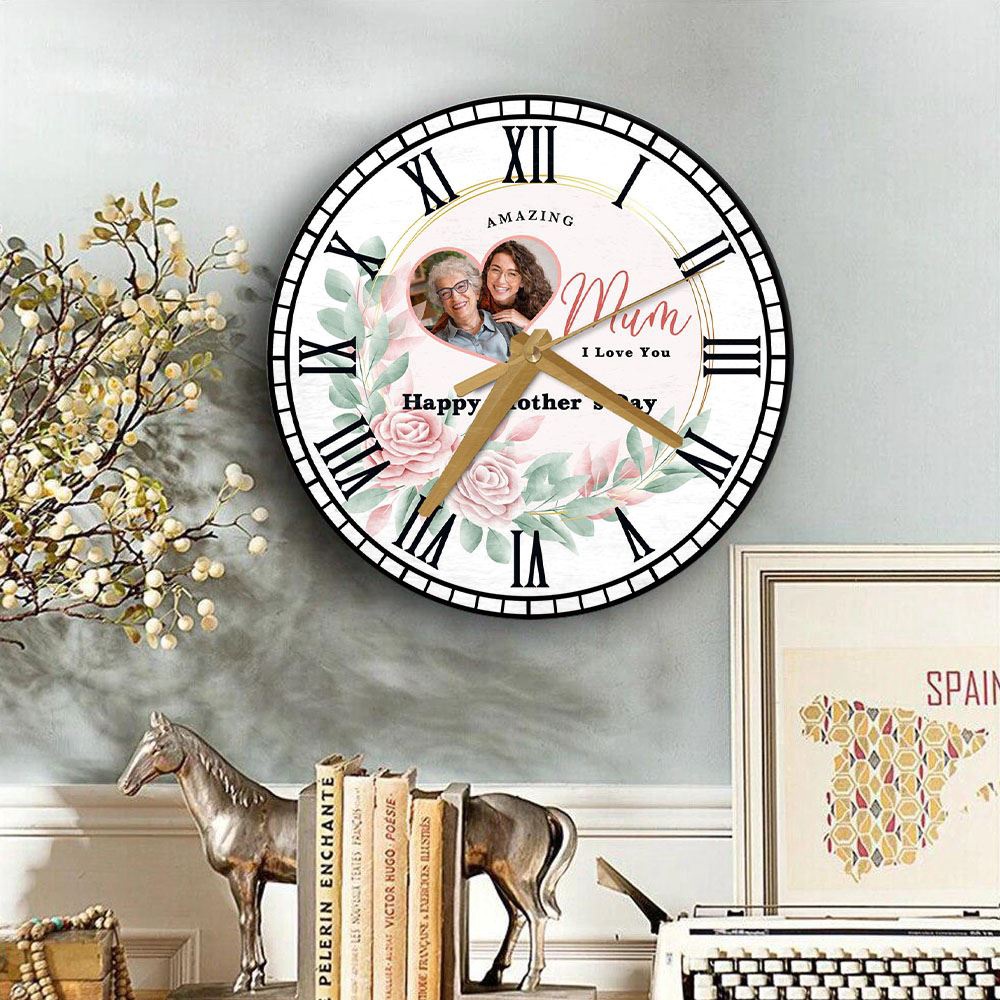 Amazing Mum Pink Floral Heart Photo Mother’s Day Gift Personalised Wooden Clock, Mother’s Day Clock, Custom Mothers Day Gifts