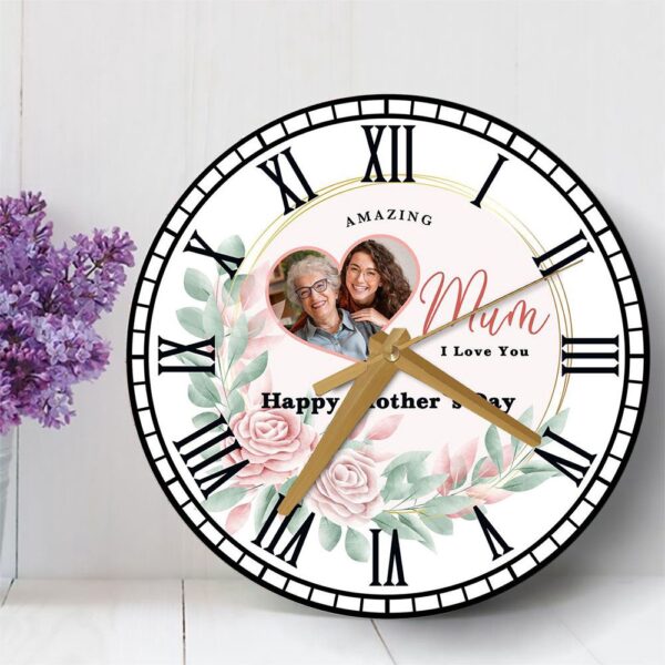 Amazing Mum Pink Floral Heart Photo Mother’s Day Gift Personalised Wooden Clock, Mother’s Day Clock, Custom Mothers Day Gifts