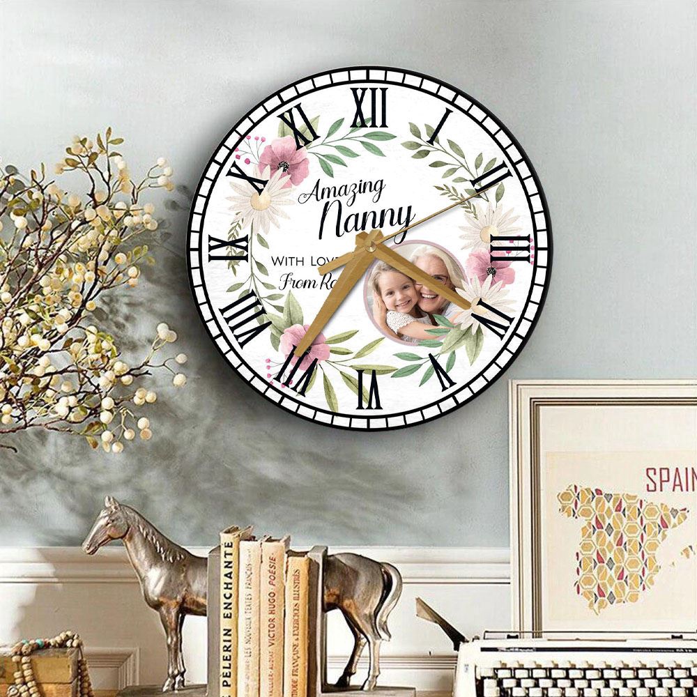 Amazing Nanny Floral Round Photo Mother’s Day Birthday Gift Personalised Wooden Clock, Mother’s Day Clock, Custom Mothers Day Gifts