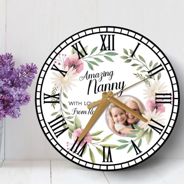 Amazing Nanny Floral Round Photo Mother’s Day Birthday Gift Personalised Wooden Clock, Mother’s Day Clock, Custom Mothers Day Gifts