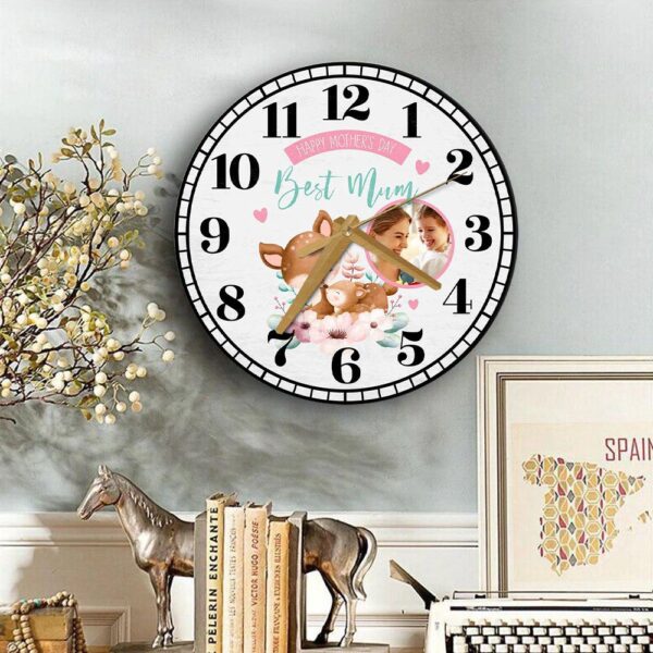 Best Mum Mother’s Day Gift Deer Photo Grey Personalised Wooden Clock, Mother’s Day Clock, Custom Mothers Day Gifts