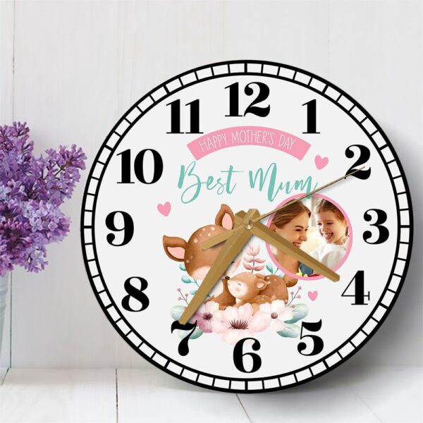 Best Mum Mother’s Day Gift Deer Photo Grey Personalised Wooden Clock, Mother’s Day Clock, Custom Mothers Day Gifts