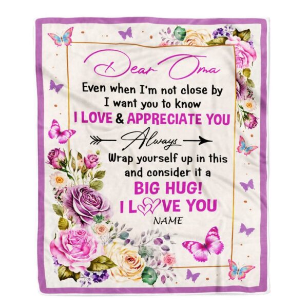 Dear Oma Blanket From Granddaughter Grandson It A Big Hug Butterfly Rose, Personalized Blanket For Mom, Mother’s Day Gifts Blanket