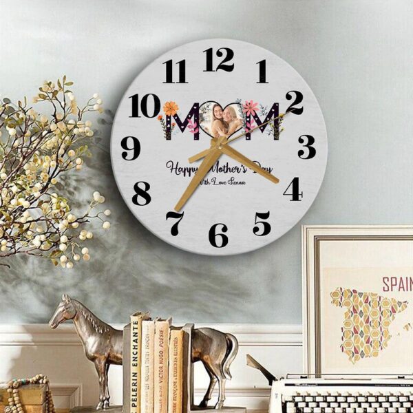 Floral Mum Heart Photo Frame Mother’s Day Gift Grey Personalised Wooden Clock, Mother’s Day Clock, Custom Mothers Day Gifts