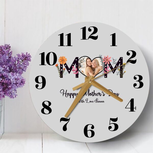 Floral Mum Heart Photo Frame Mother’s Day Gift Grey Personalised Wooden Clock, Mother’s Day Clock, Custom Mothers Day Gifts