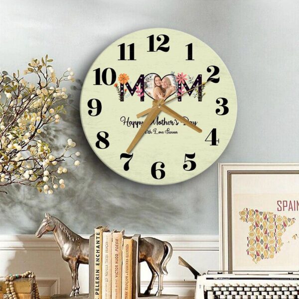 Floral Mum Heart Photo Frame Mother’s Day Gift Personalised Wooden Clock, Mother’s Day Clock, Custom Mothers Day Gifts