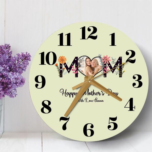 Floral Mum Heart Photo Frame Mother’s Day Gift Personalised Wooden Clock, Mother’s Day Clock, Custom Mothers Day Gifts