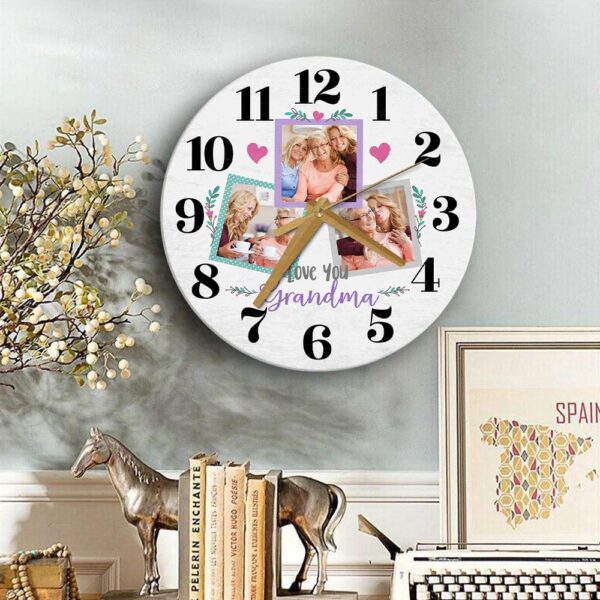 Grandma Love You Photo Grey Mother’s Day Birthday Gift Personalised Wooden Clock, Mother’s Day Clock, Custom Mothers Day Gifts