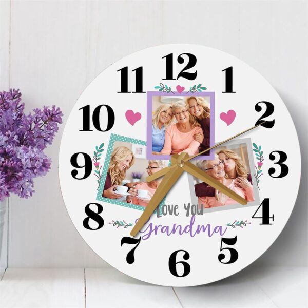 Grandma Love You Photo Grey Mother’s Day Birthday Gift Personalised Wooden Clock, Mother’s Day Clock, Custom Mothers Day Gifts