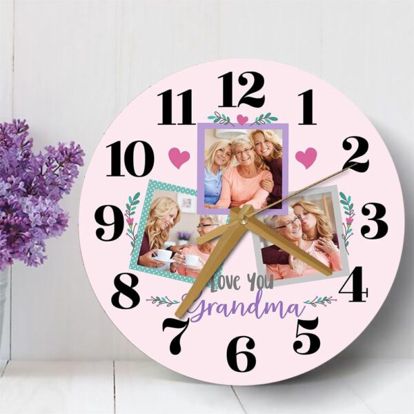 Grandma Love You Photo Pink Mother’s Day Birthday Gift Personalised Wooden Clock, Mother’s Day Clock, Custom Mothers Day Gifts
