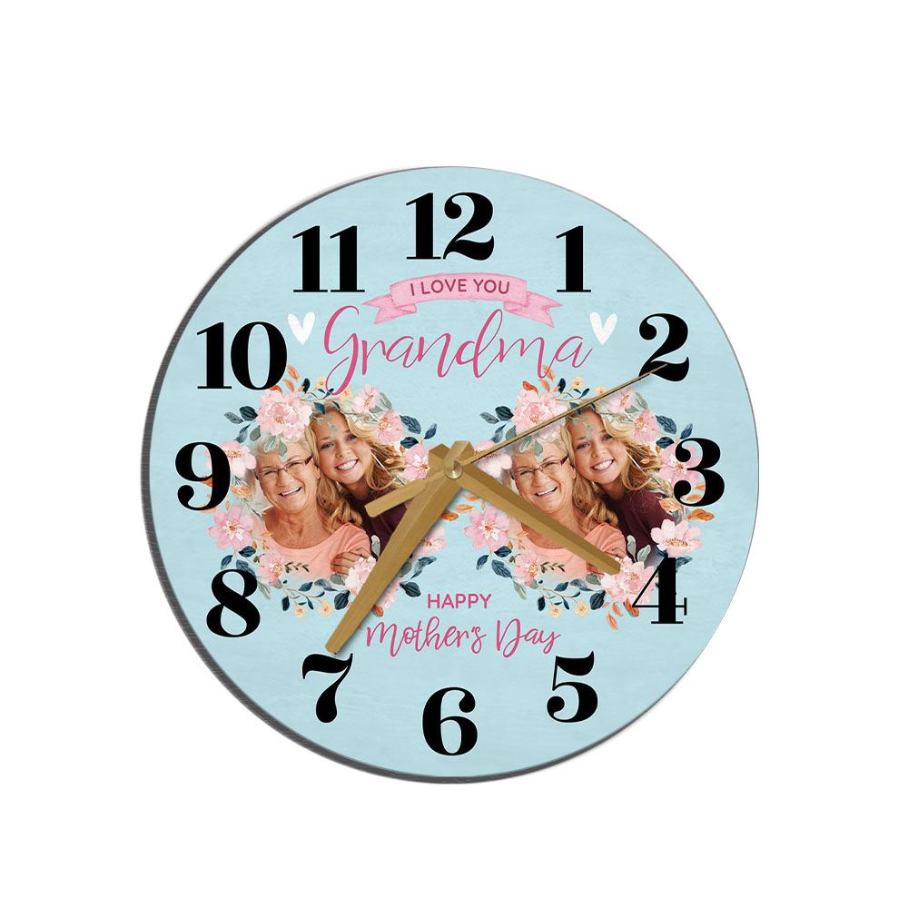 Grandma Mother’s Day Gift Blue Flower Photos Personalised Wooden Clock, Mother’s Day Clock, Custom Mothers Day Gifts