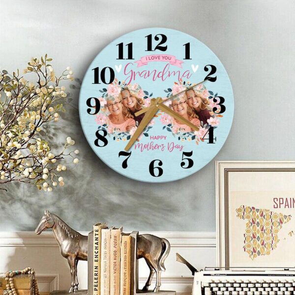 Grandma Mother’s Day Gift Blue Flower Photos Personalised Wooden Clock, Mother’s Day Clock, Custom Mothers Day Gifts