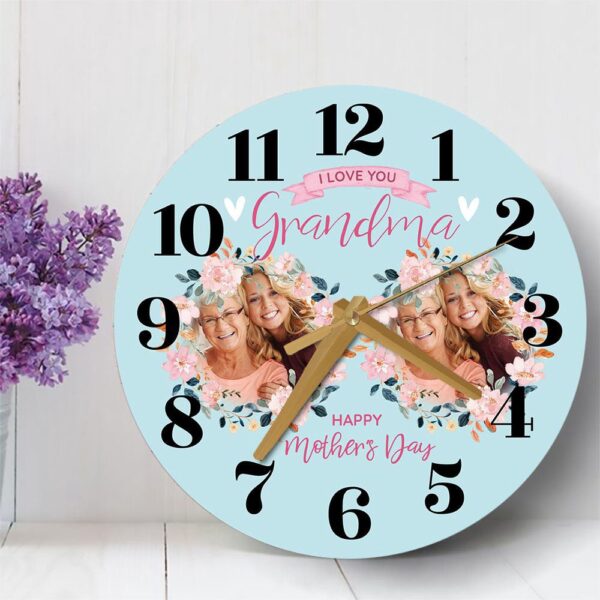 Grandma Mother’s Day Gift Blue Flower Photos Personalised Wooden Clock, Mother’s Day Clock, Custom Mothers Day Gifts