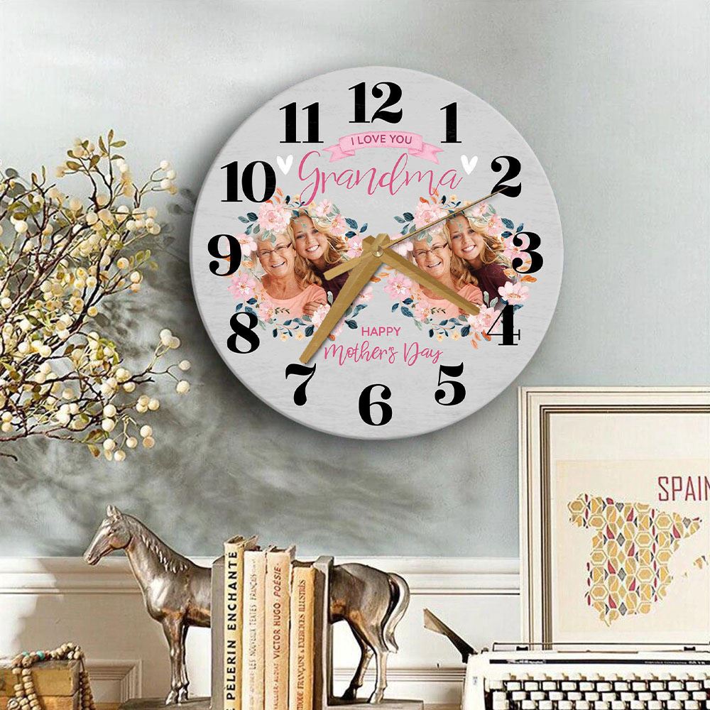 Grandma Mother’s Day Gift Grey Flower Photos Personalised Wooden Clock, Mother’s Day Clock, Custom Mothers Day Gifts