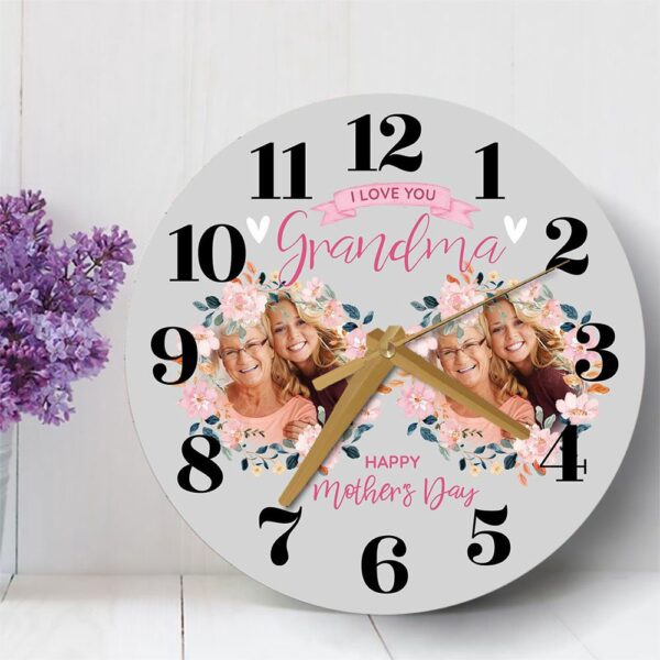 Grandma Mother’s Day Gift Grey Flower Photos Personalised Wooden Clock, Mother’s Day Clock, Custom Mothers Day Gifts