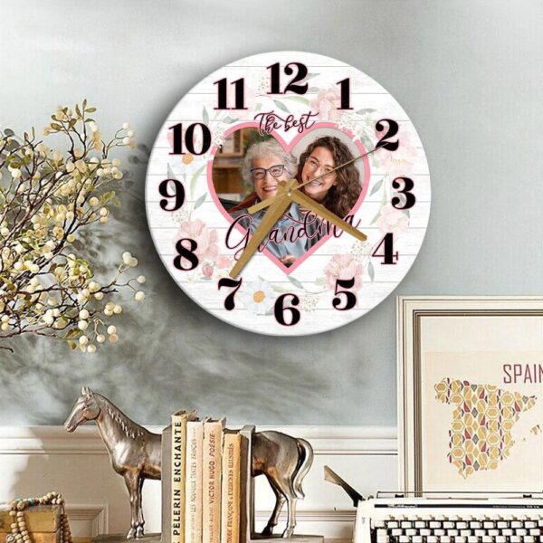 Grandma Pink Floral Photo Frame Mother’s Day Birthday Gift Personalised Wooden Clock, Mother’s Day Clock, Custom Mothers Day Gifts