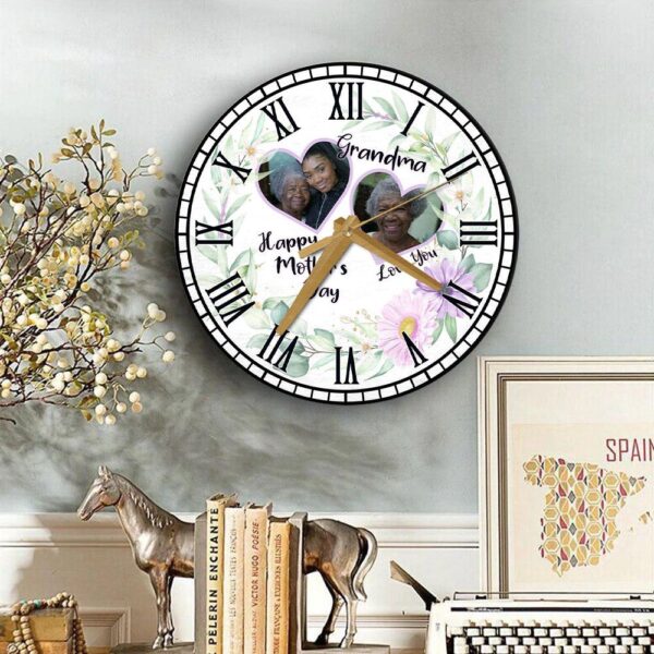 Grandma Purple Hearts Photo Frame Mother’s Day Gift Personalised Wooden Clock, Mother’s Day Clock, Custom Mothers Day Gifts