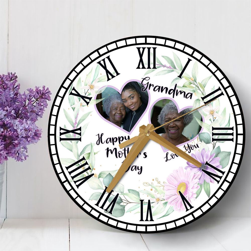 Grandma Purple Hearts Photo Frame Mother’s Day Gift Personalised Wooden Clock, Mother’s Day Clock, Custom Mothers Day Gifts