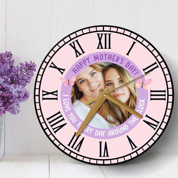 Happy Mother’s Day Gift Photo Purple Personalised Wooden Clock, Mother’s Day Clock, Custom Mothers Day Gifts