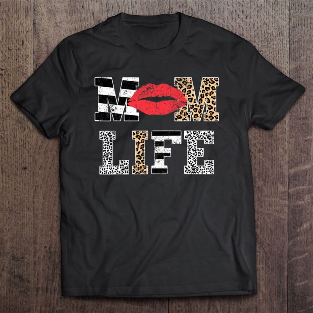 Mom Life Vintage Leopard Pattern Red Lips Mother’s Day T-Shirt, Mother’s Day Shirts, Mother’s Shirts