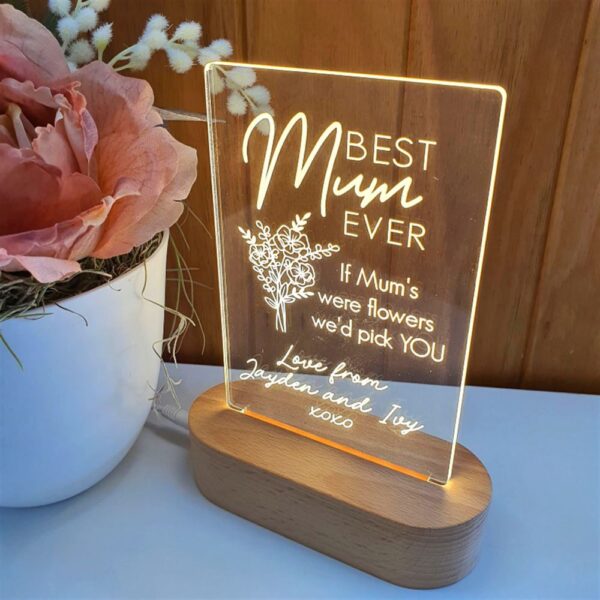 Mother’s Day Led Lights, Best Mum Ever 3D Led Light Wooden Base, Custom Mothers Day Gifts