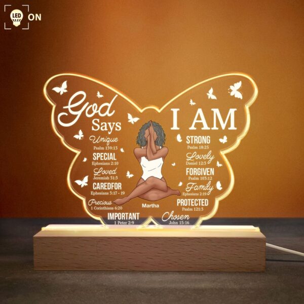 Mother’s Day Led Lights, God Says I Am, Personalized Night Light Wooden Base, Birthday Gift For Yoga Lover, Black Woman, Custom Mothers Day Gifts