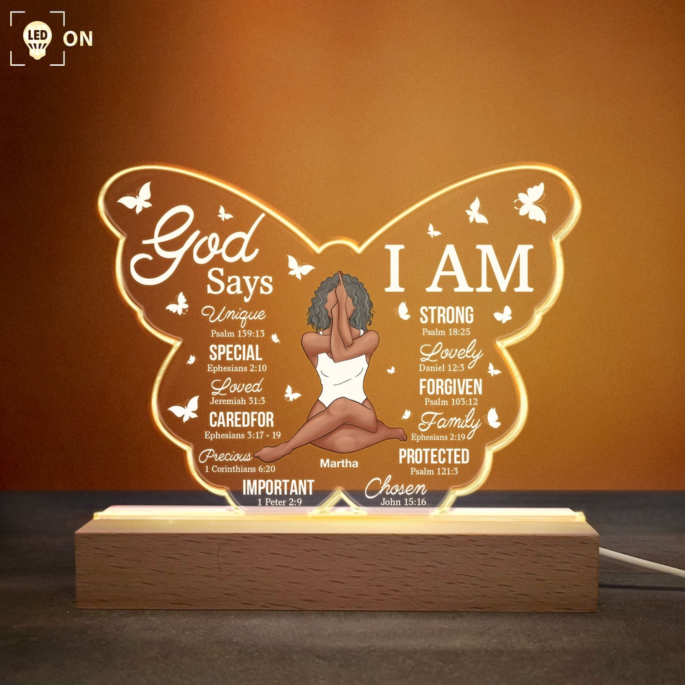 Mother’s Day Led Lights, God Says I Am, Personalized Night Light Wooden Base, Birthday Gift For Yoga Lover, Black Woman, Custom Mothers Day Gifts