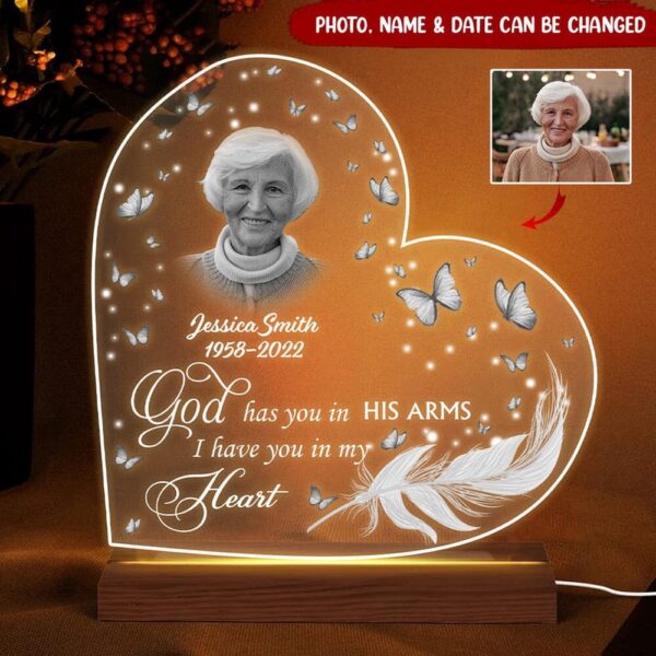 Mother’s Day Led Lights, God has you in his arms I have you in my heart, Personalized Memorial Photo LED Lamp Night Light