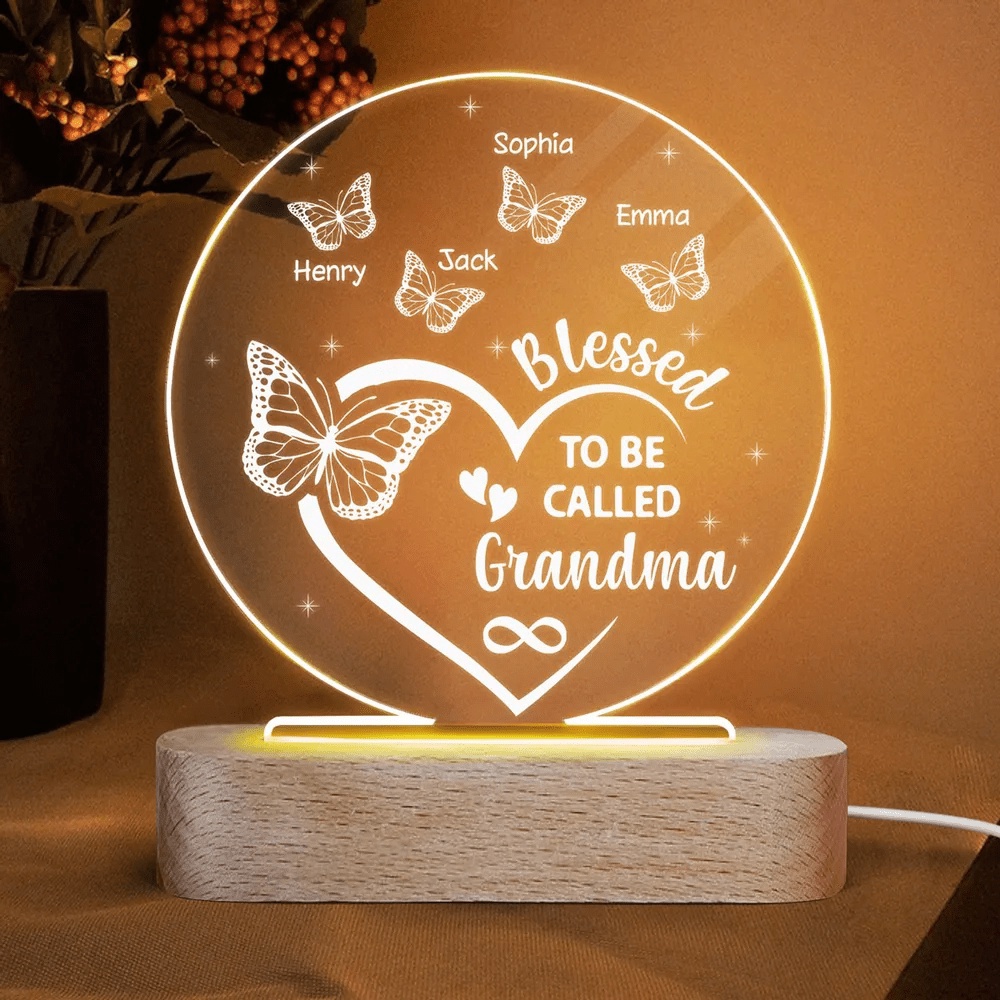 Mother’s Day Led Lights, Heart Butterflies Grandma Personalized Night Light, Gift For Grandma, Custom Kid Names, Custom Mothers Day Gifts