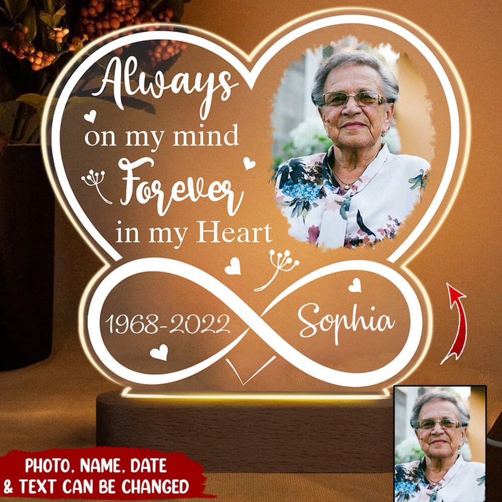 Mother’s Day Led Lights, Infinity Heart Custom Photo Always On My Mind Personalized Memorial Plaque LED Lamp Night Light