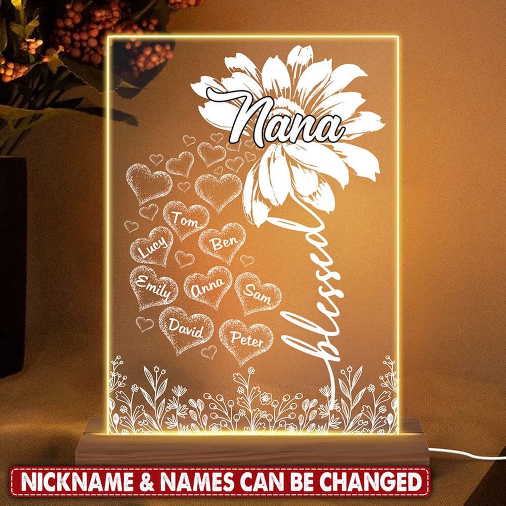 Mother’s Day Led Lights, Personalized Blessed Nana, Grandma With Grandkids Flower Custom Acrylic Plaque Led Lamp Night Light, Custom Mothers Day Gifts
