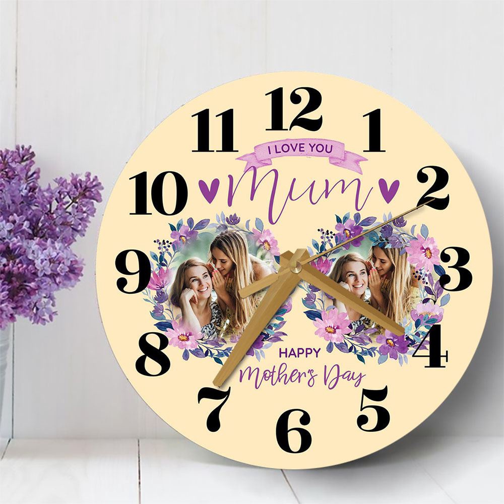 Mum Mother’s Day Gift Yellow Flower Photos Personalised Wooden Clock, Mother’s Day Clock, Custom Mothers Day Gifts