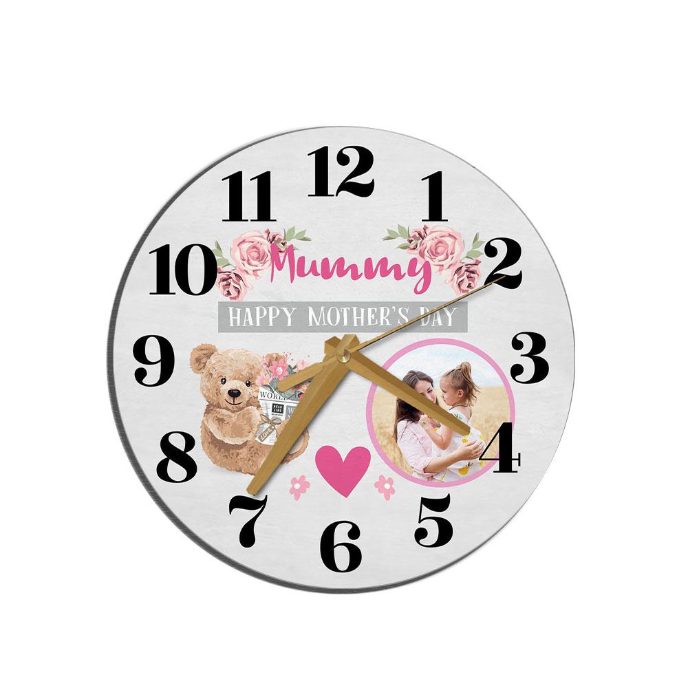 Mummy Mother’s Day Gift Bear Photo Grey Personalised Wooden Clock, Mother’s Day Clock, Custom Mothers Day Gifts