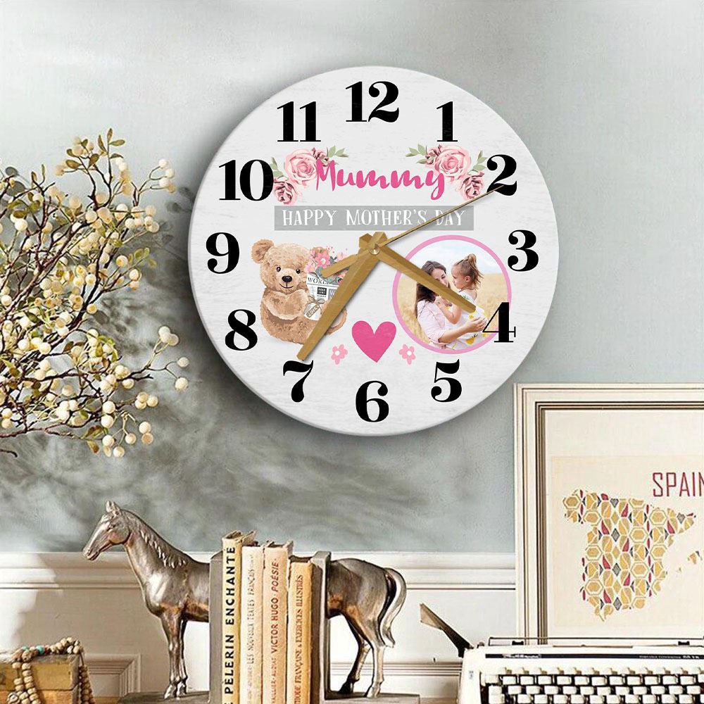 Mummy Mother’s Day Gift Bear Photo Grey Personalised Wooden Clock, Mother’s Day Clock, Custom Mothers Day Gifts