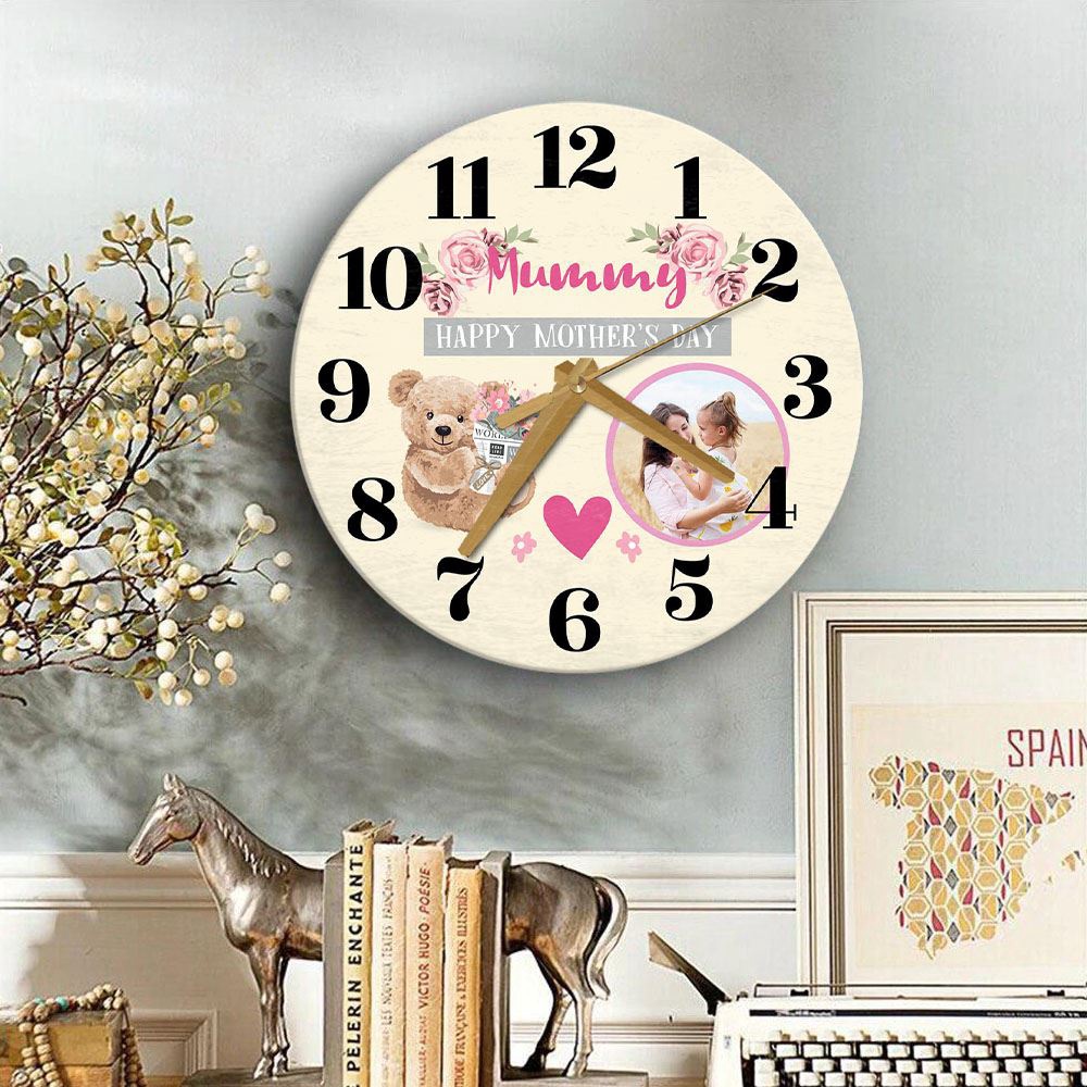 Mummy Mother’s Day Gift Bear Photo Yellow Personalised Wooden Clock, Mother’s Day Clock, Custom Mothers Day Gifts