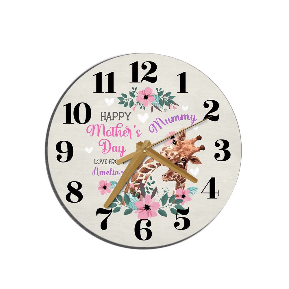 Mummy Mother’s Day Gift Giraffe Neutral Personalised Wooden Clock, Mother’s Day Clock, Mother’s Day Gifts